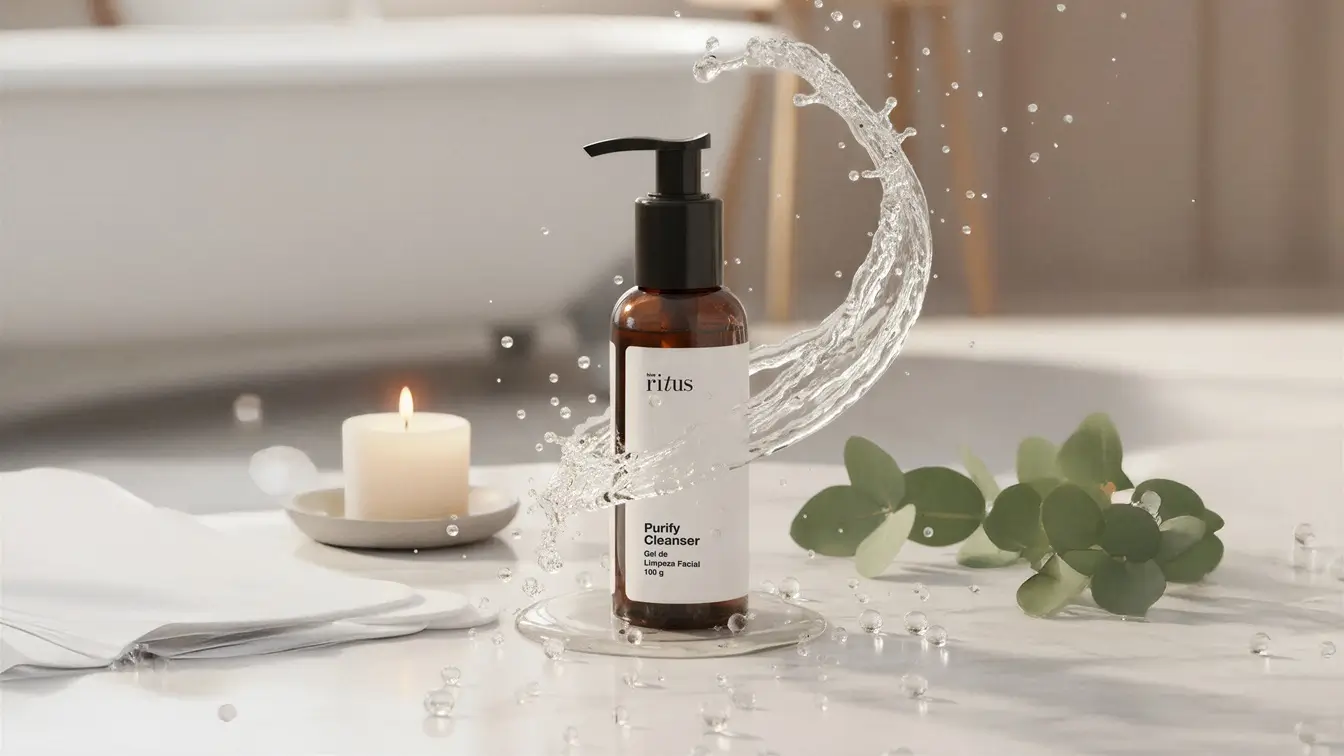 Purify Cleanser Ritus da Hive apoiado em bancada de banheiro